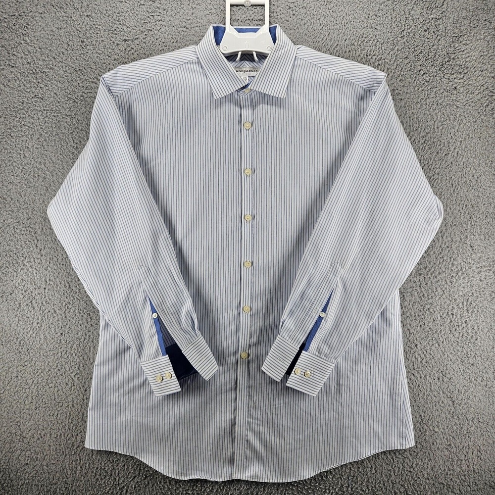 Jhane Barnes Men's Blue Striped on White Long Sleeve Dress Shirt Sz 17 /32-33
